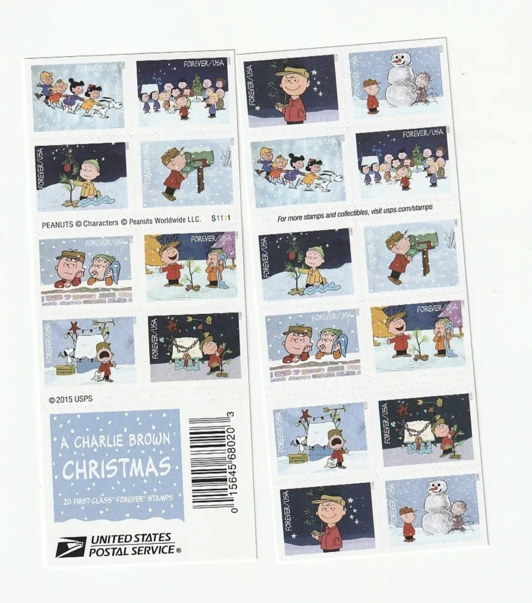 A Charlie Brown Christmas Forever stamps 5 books of 20 (100 stamps total)